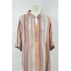 CP Shades Linen Stripe Tunic Top Orange Blue 3/4 Sleeve Popover Lagen Look M